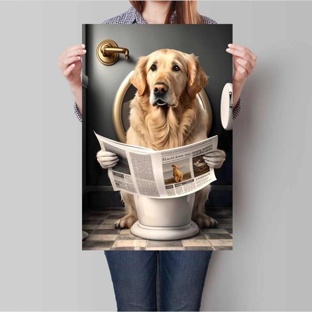 The Thinker Dog Canvas Bathroom Wall Art Funny Golden Retriever Decor Print